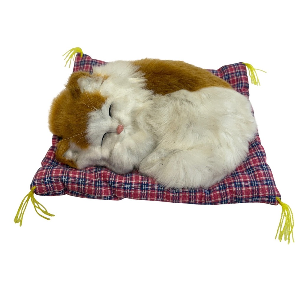 Vintage Sleeping Cat Figurine Ginger White Faux Fur on Plaid Pillow Decor